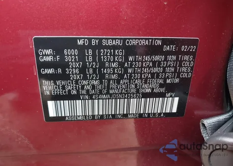 2022 Subaru Ascent Onyx Edition из США, поврежденный, VIN 4S4WMAJD5N3425625